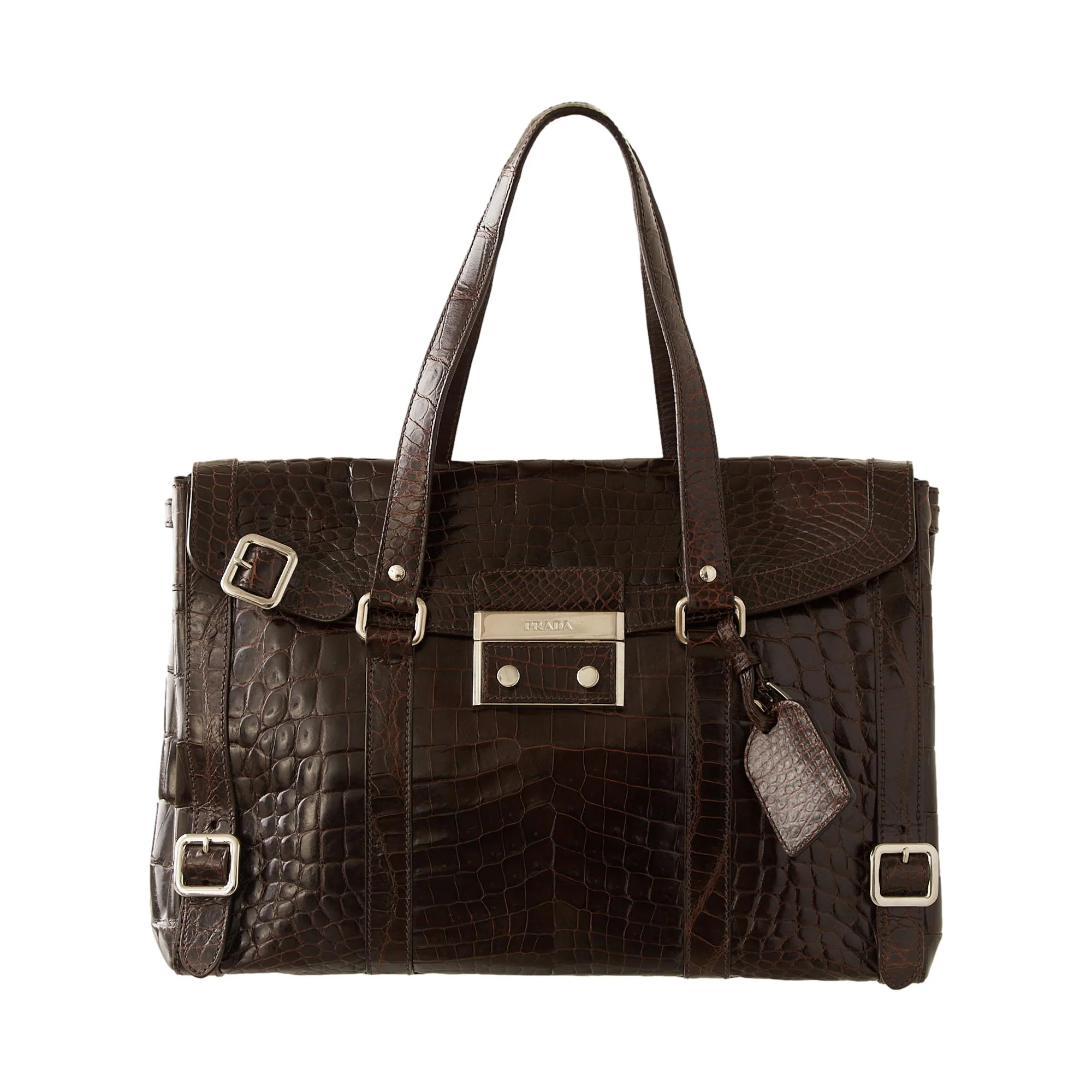 Prada Brown Croc Embossed Jumbo Shoulder Bag