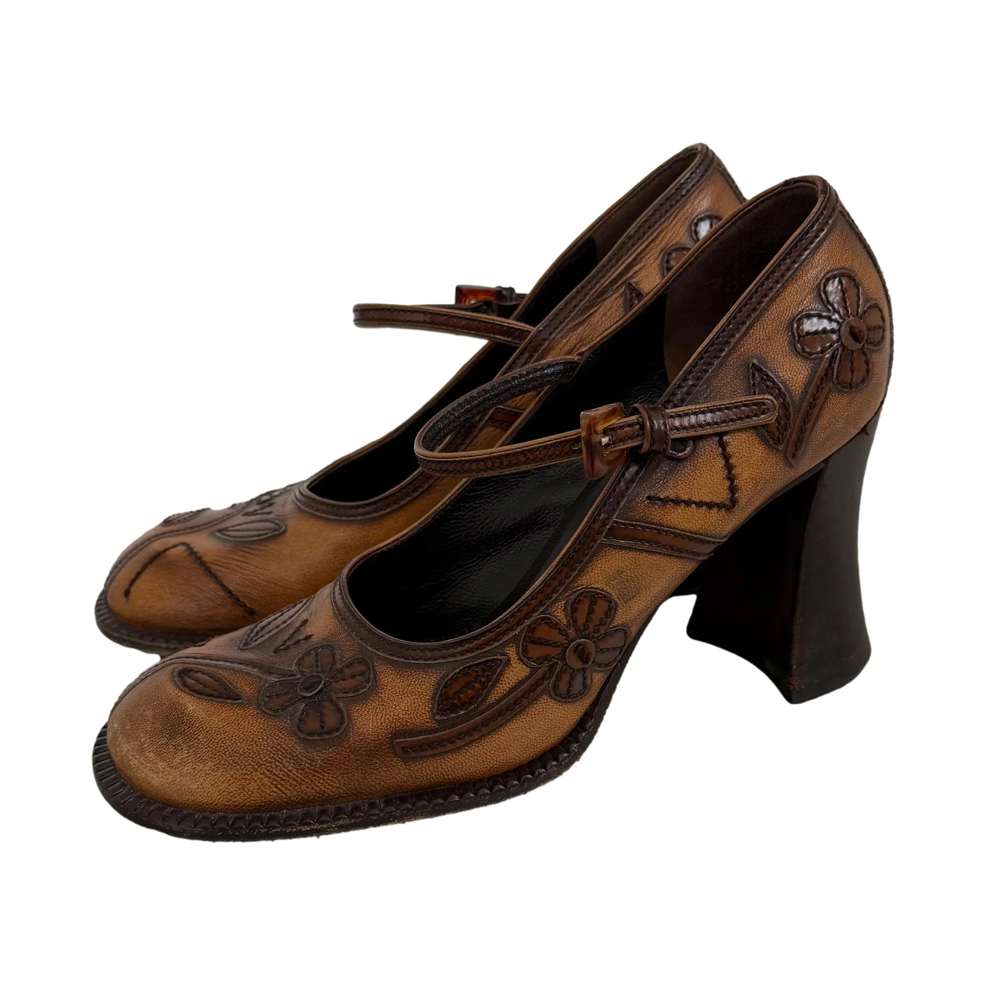 Prada Brown Floral Mary Jane Heels