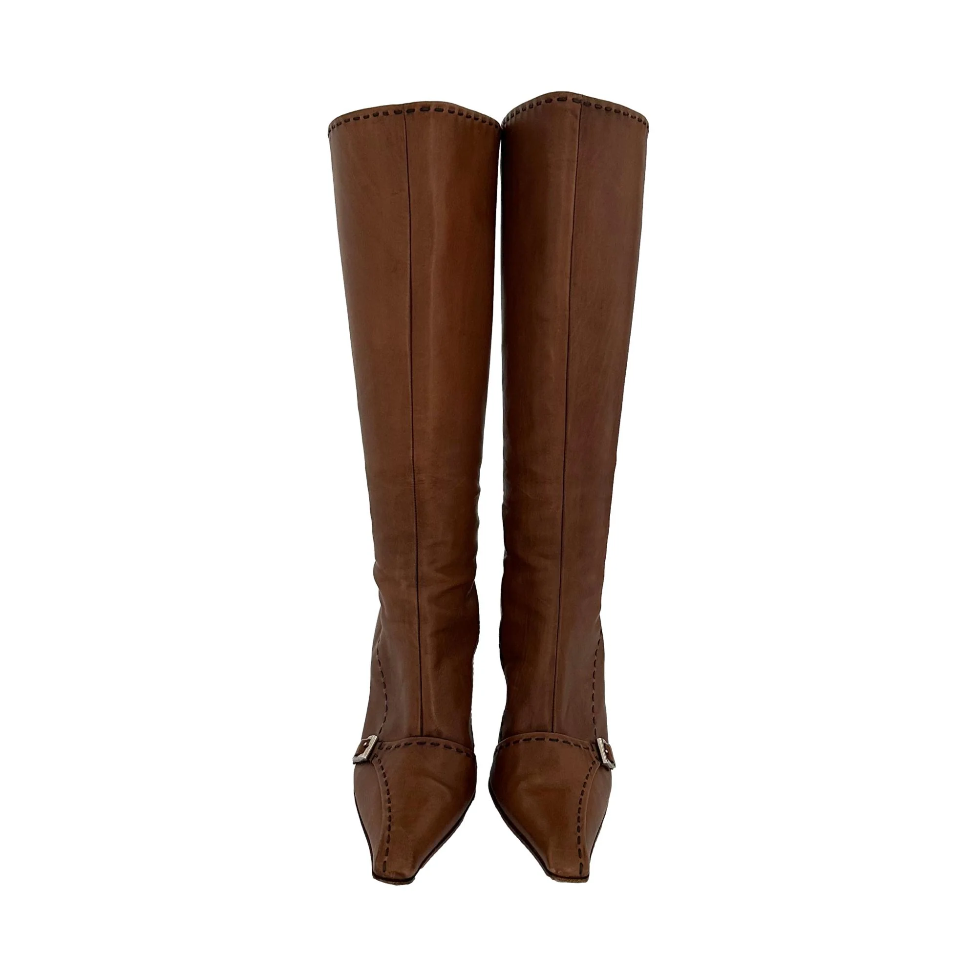 Prada Brown Leather Buckle Knee High Boots - Image 2