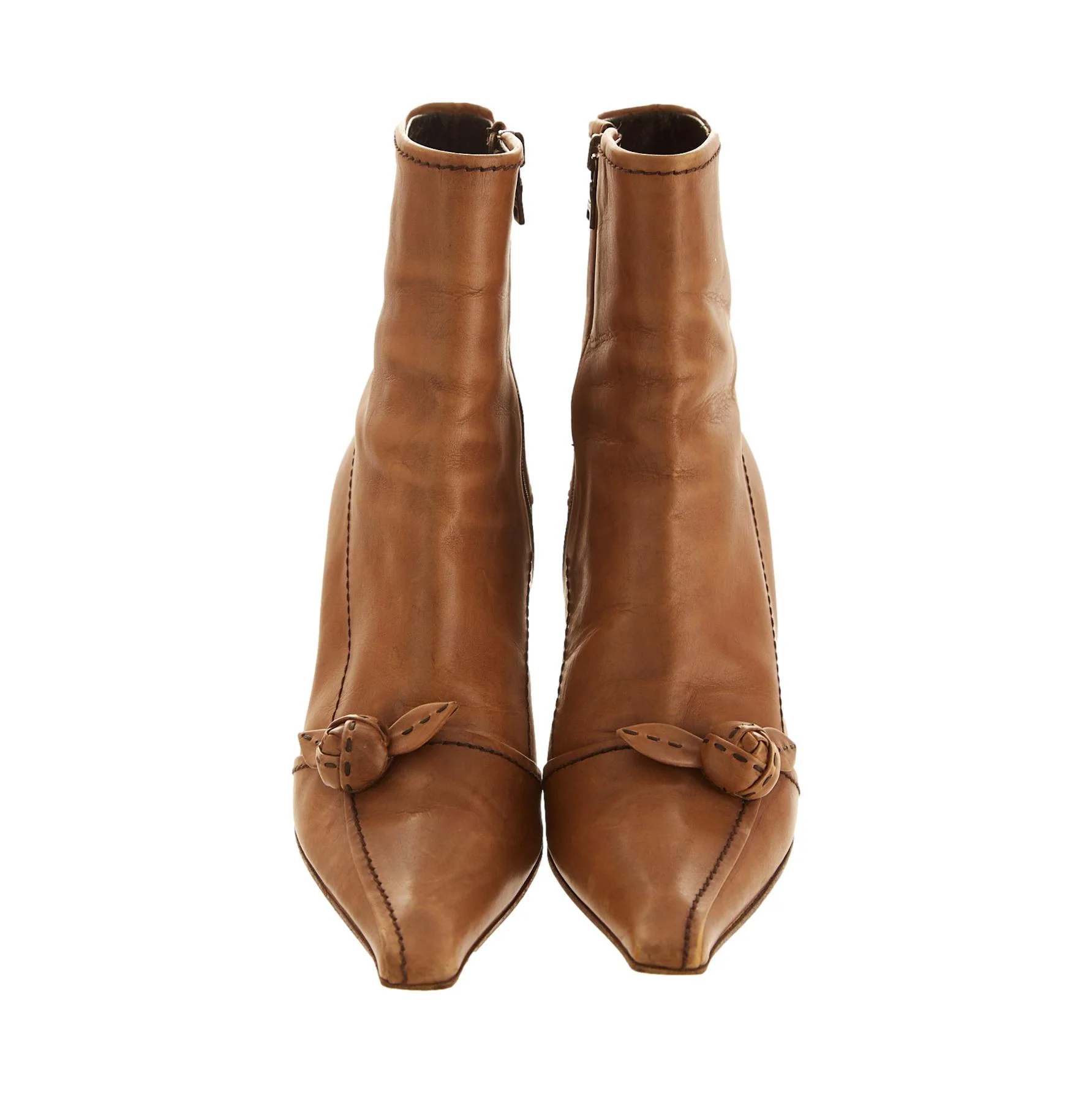 Prada Brown Leather Flower Ankle Boots - Image 2
