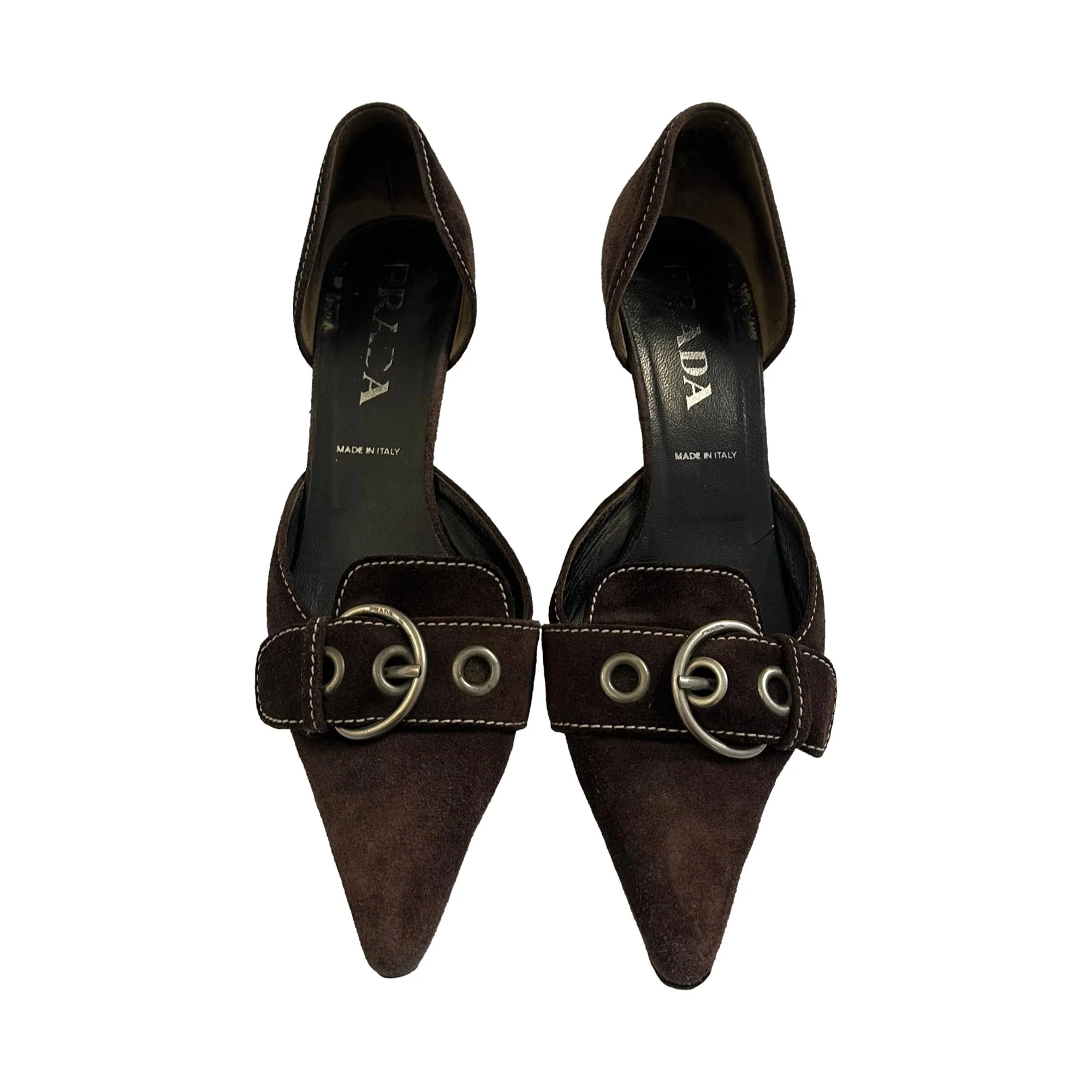 Prada Brown Suede Buckle Kitten Heels