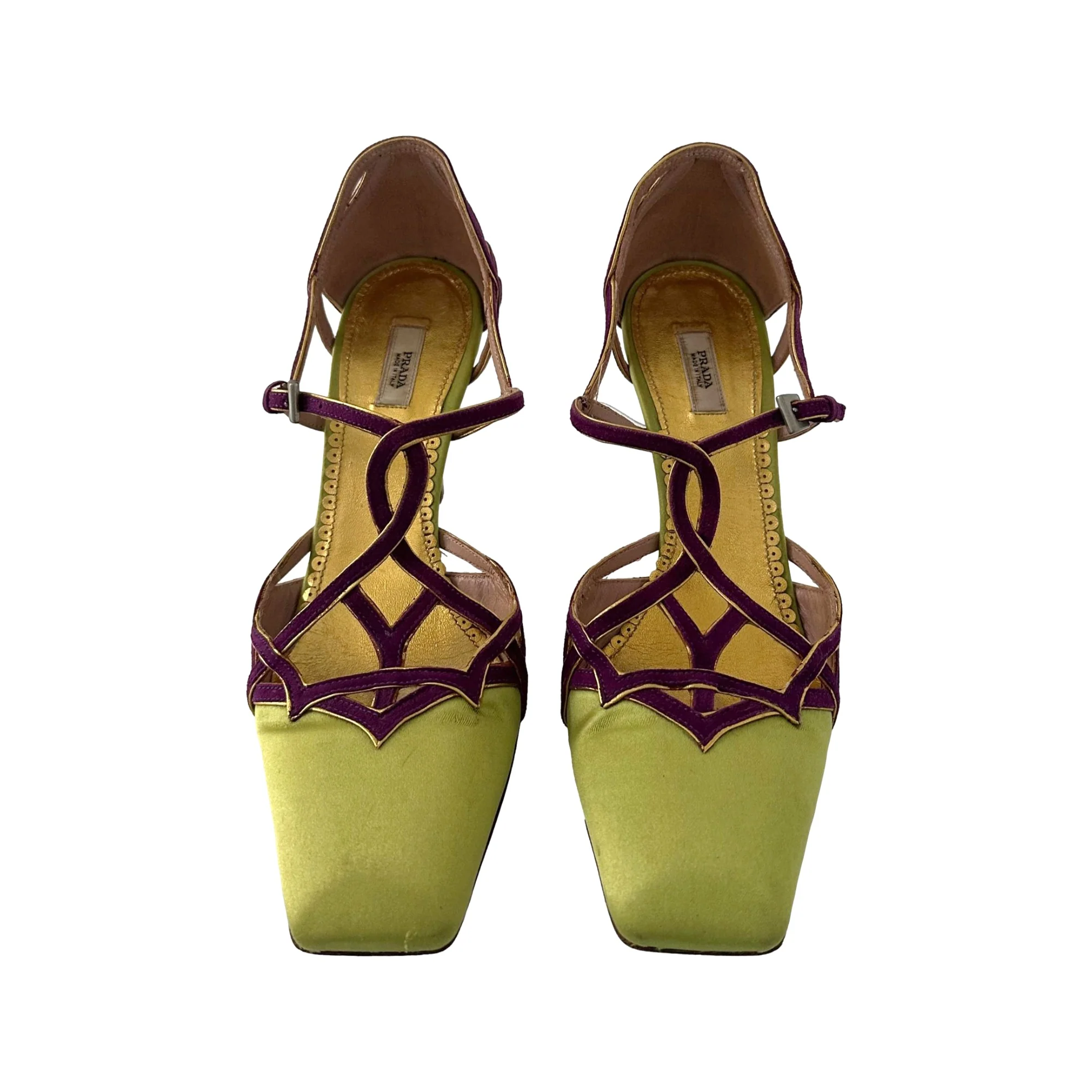 Prada Lime Green and Purple Satin Heels - Image 3