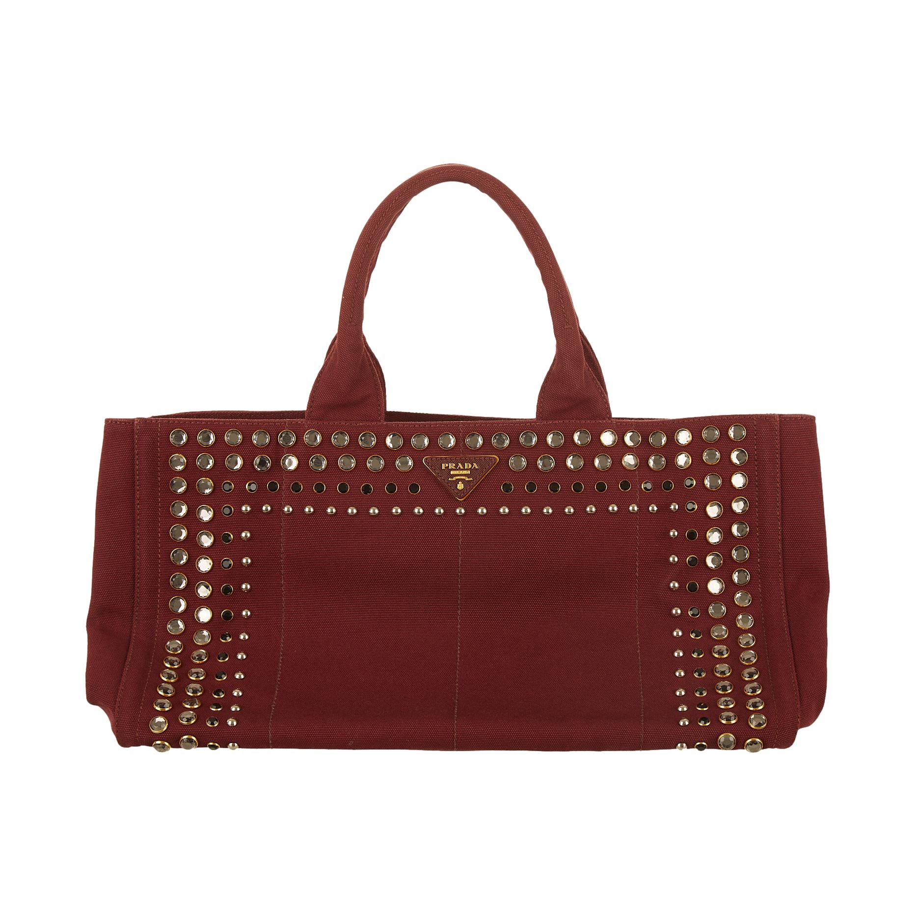 Prada Maroon Rhinestone Canapa Tote
