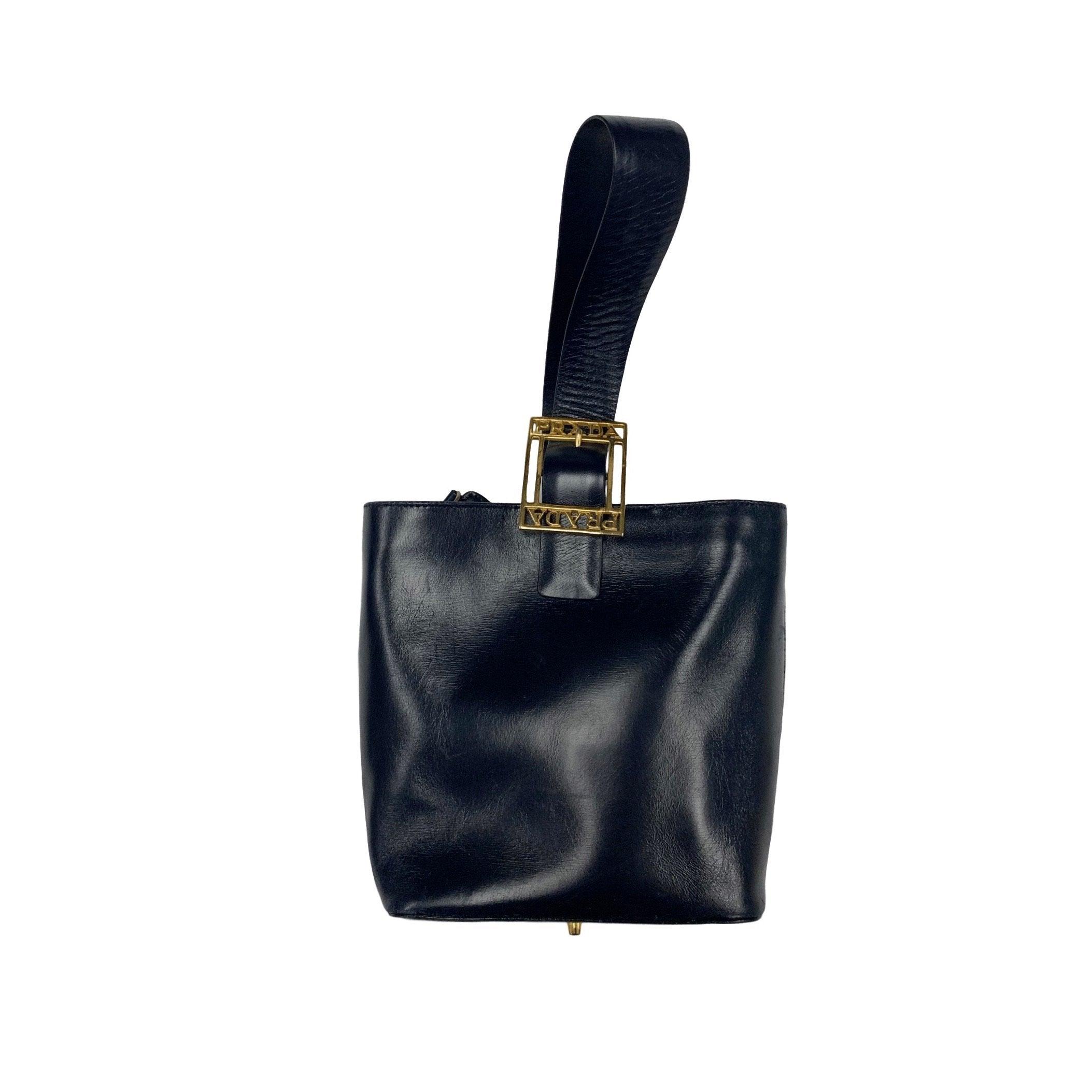 Prada Navy Logo Buckle Top Handle Bag
