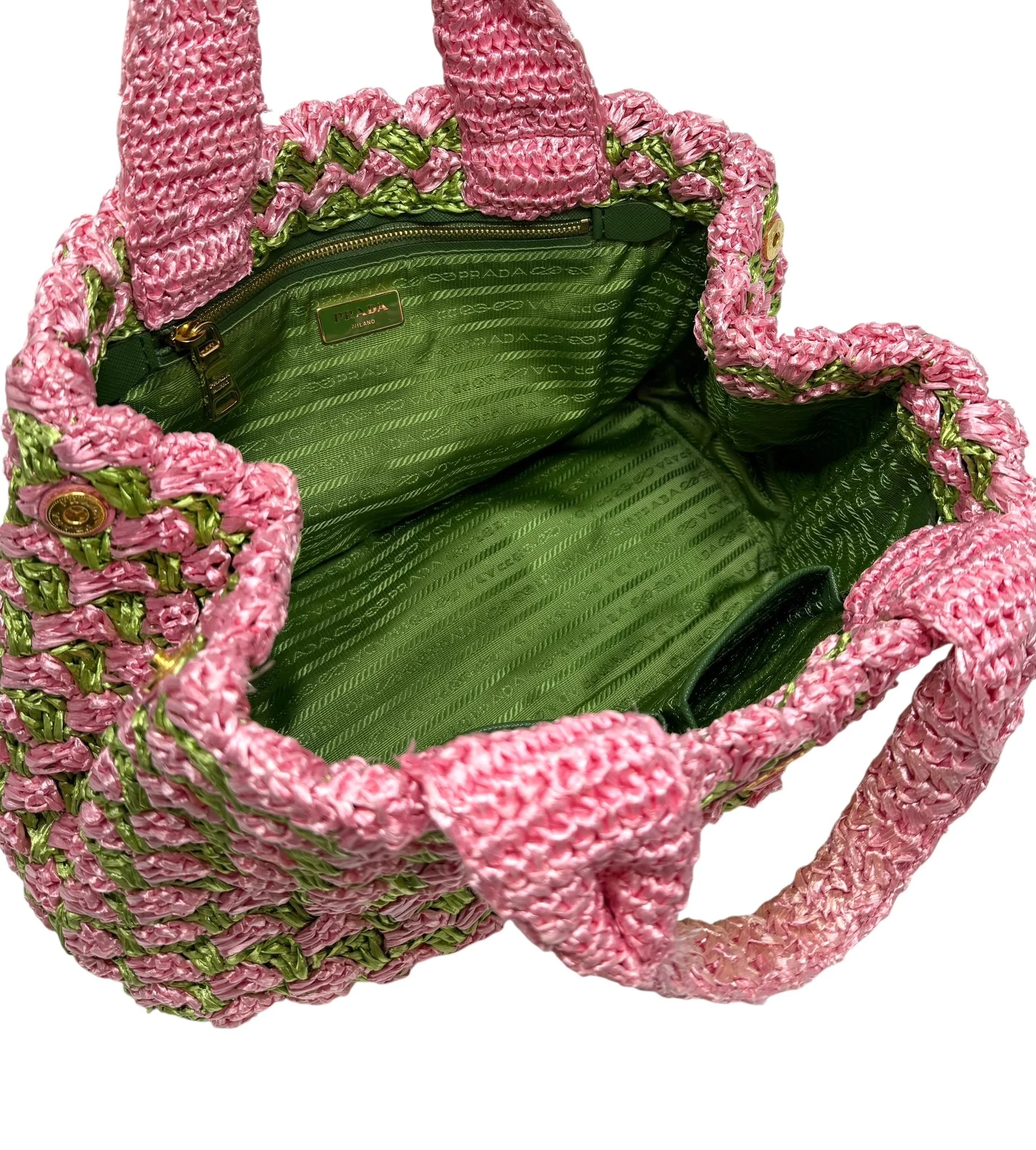 Prada Pink/Green Basket Canapa Bag - Image 3