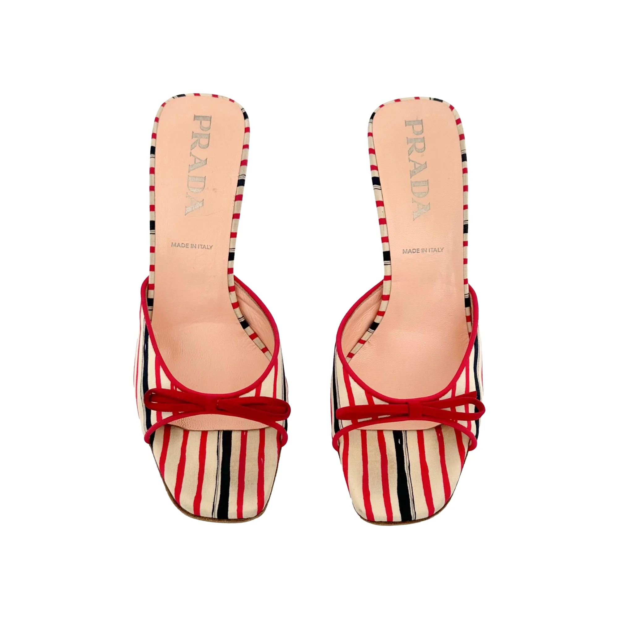 Prada Red + Navy Striped Bow Heels - Image 2