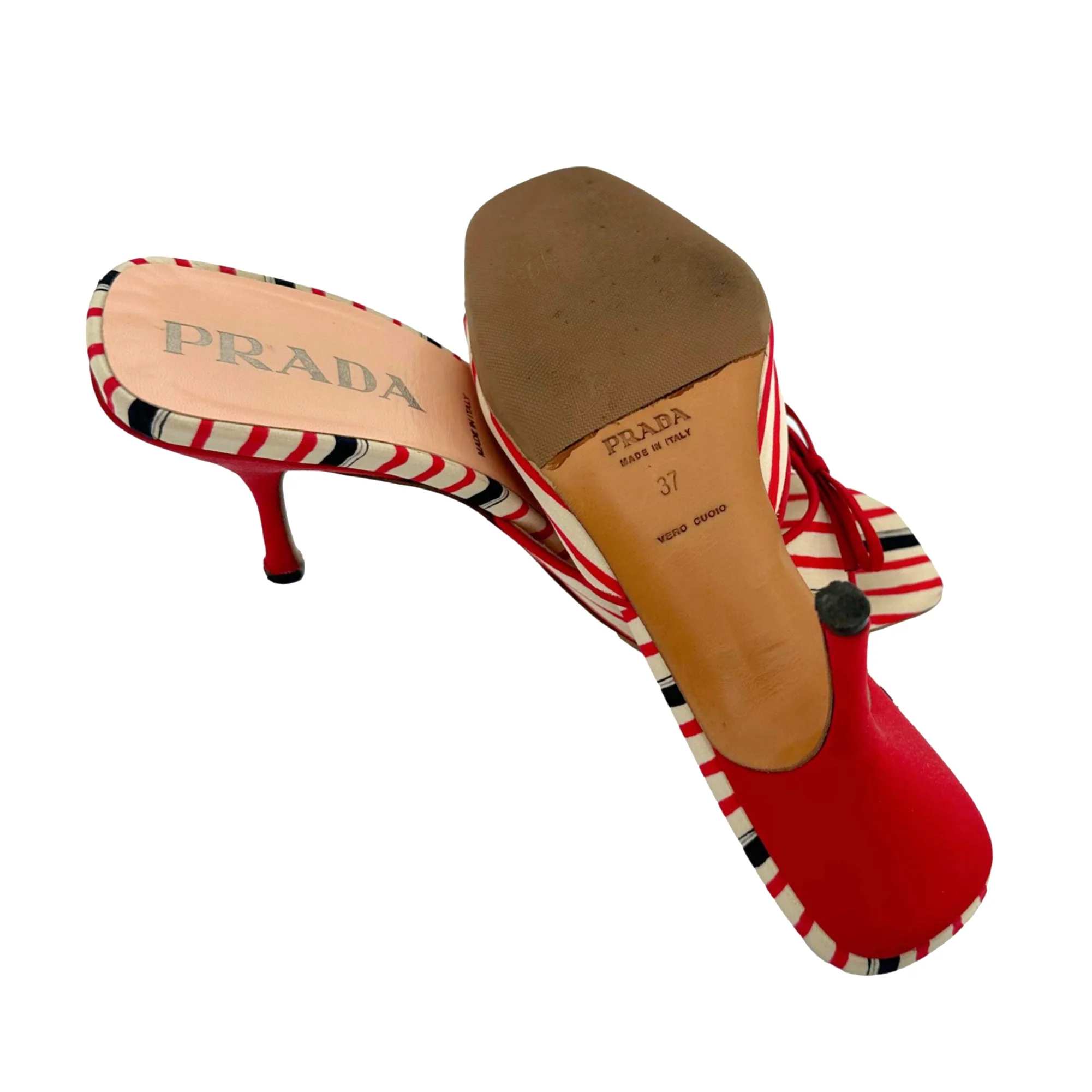 Prada Red + Navy Striped Bow Heels - Image 3