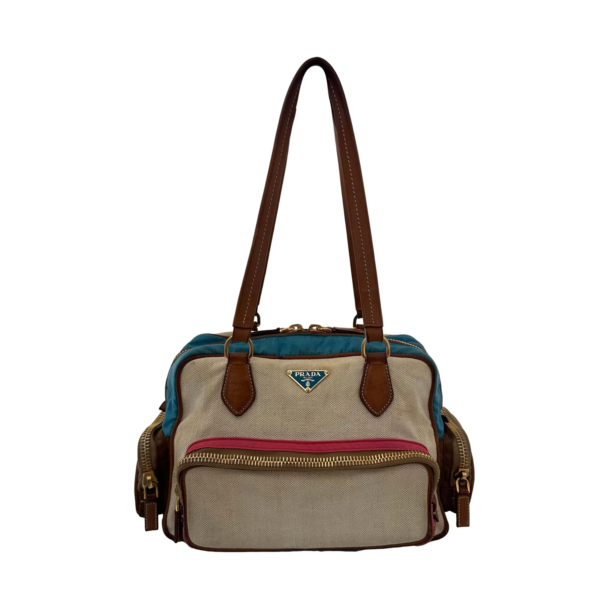Prada Tan Canvas Mixed Media Bag