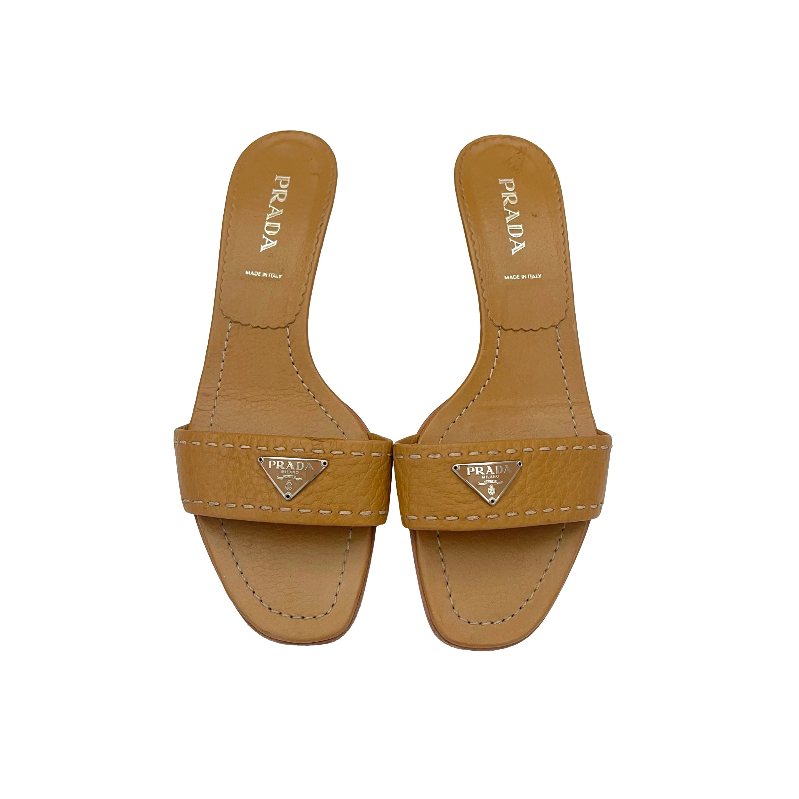 Prada Tan Leather Logo Heels
