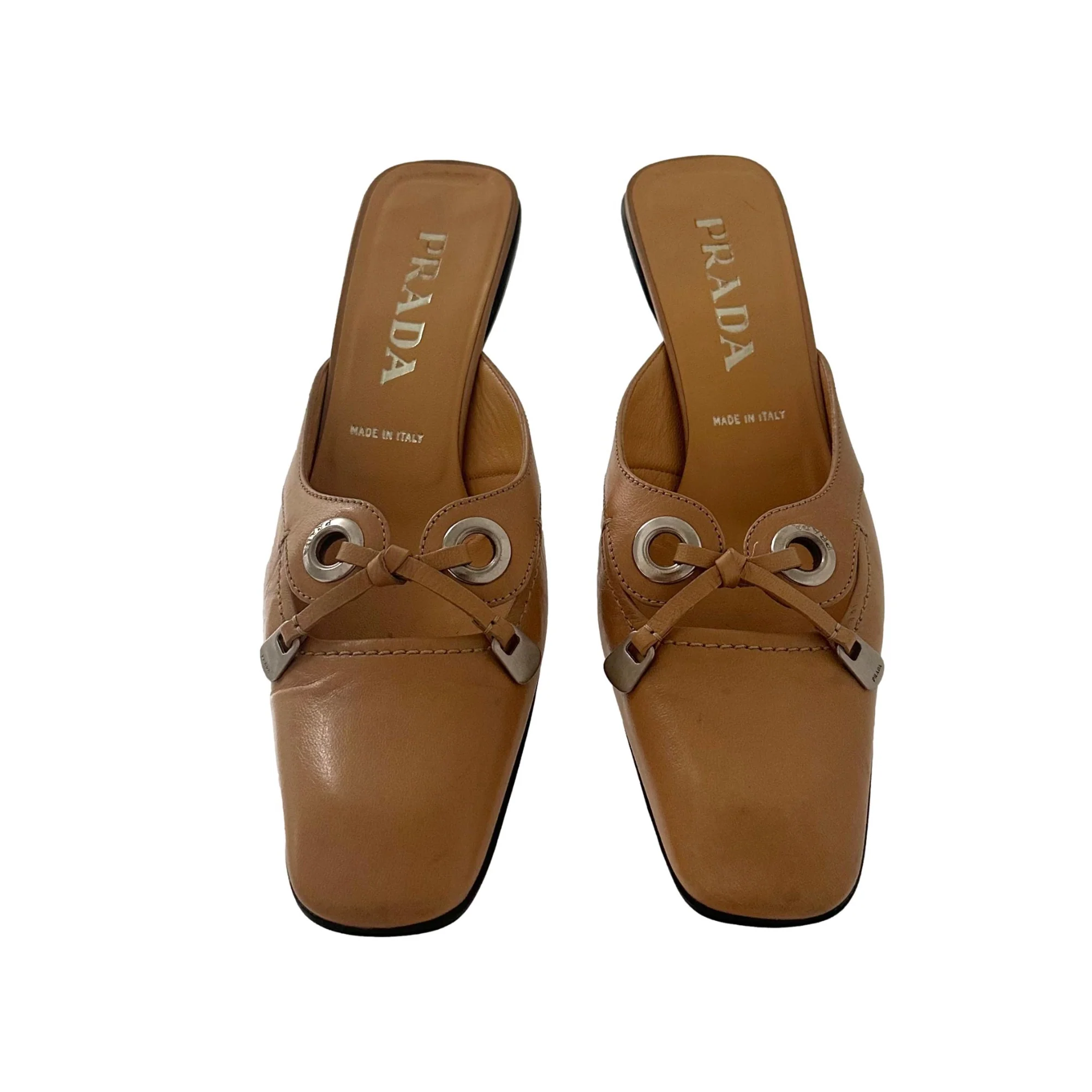 Prada Tan Logo Tie Heels - Image 2