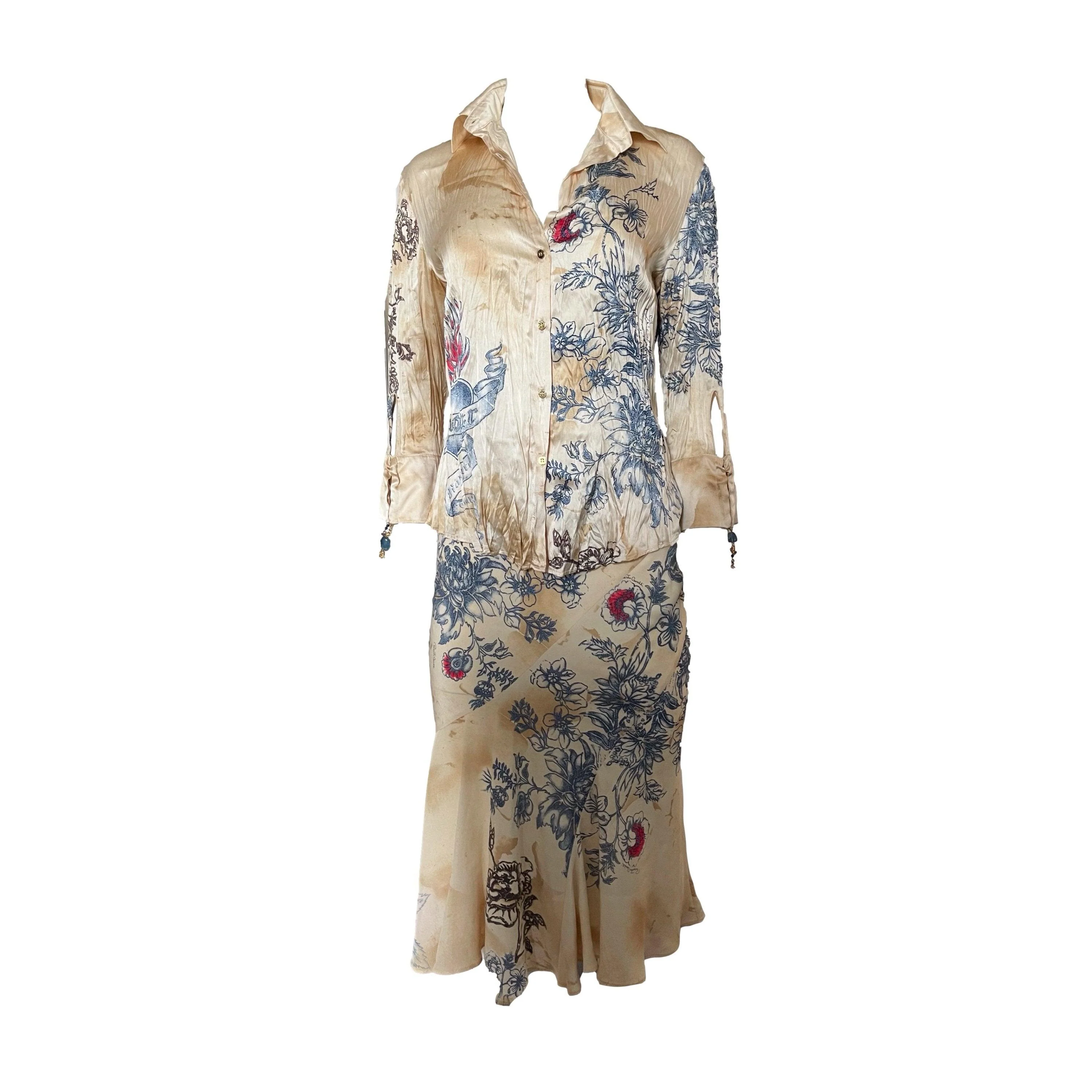 Roberto Cavalli Beige Tattoo Skirt Set