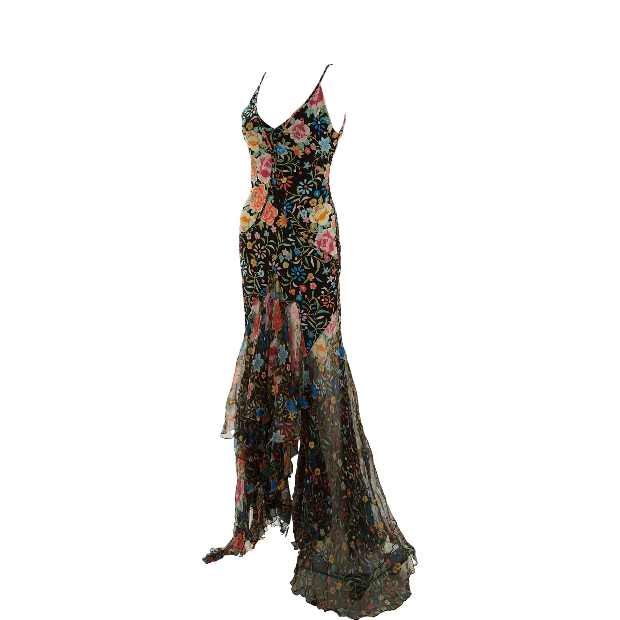 Roberto Cavalli Black Floral Ruffle Gown - Image 3