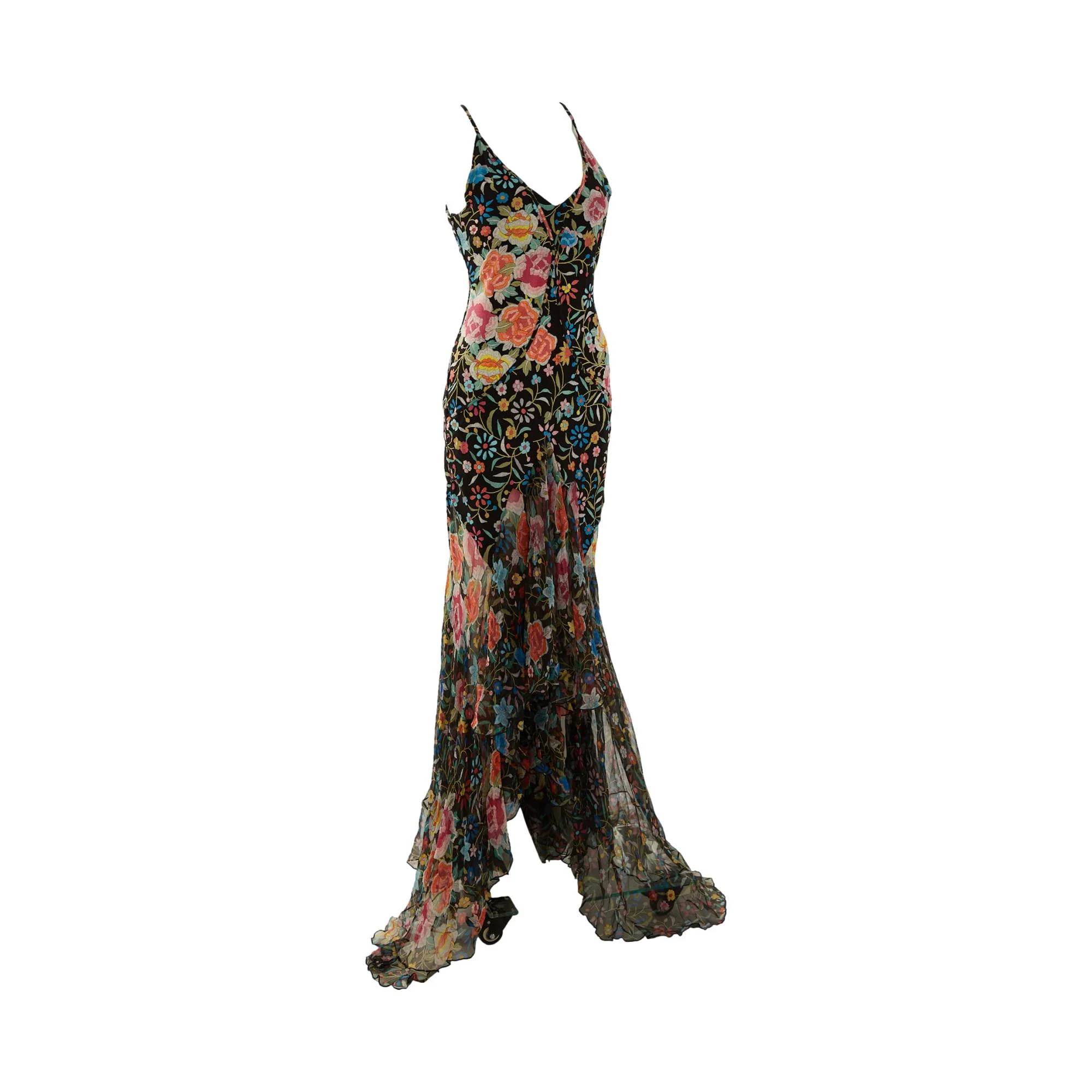 Roberto Cavalli Black Floral Ruffle Gown - Image 4