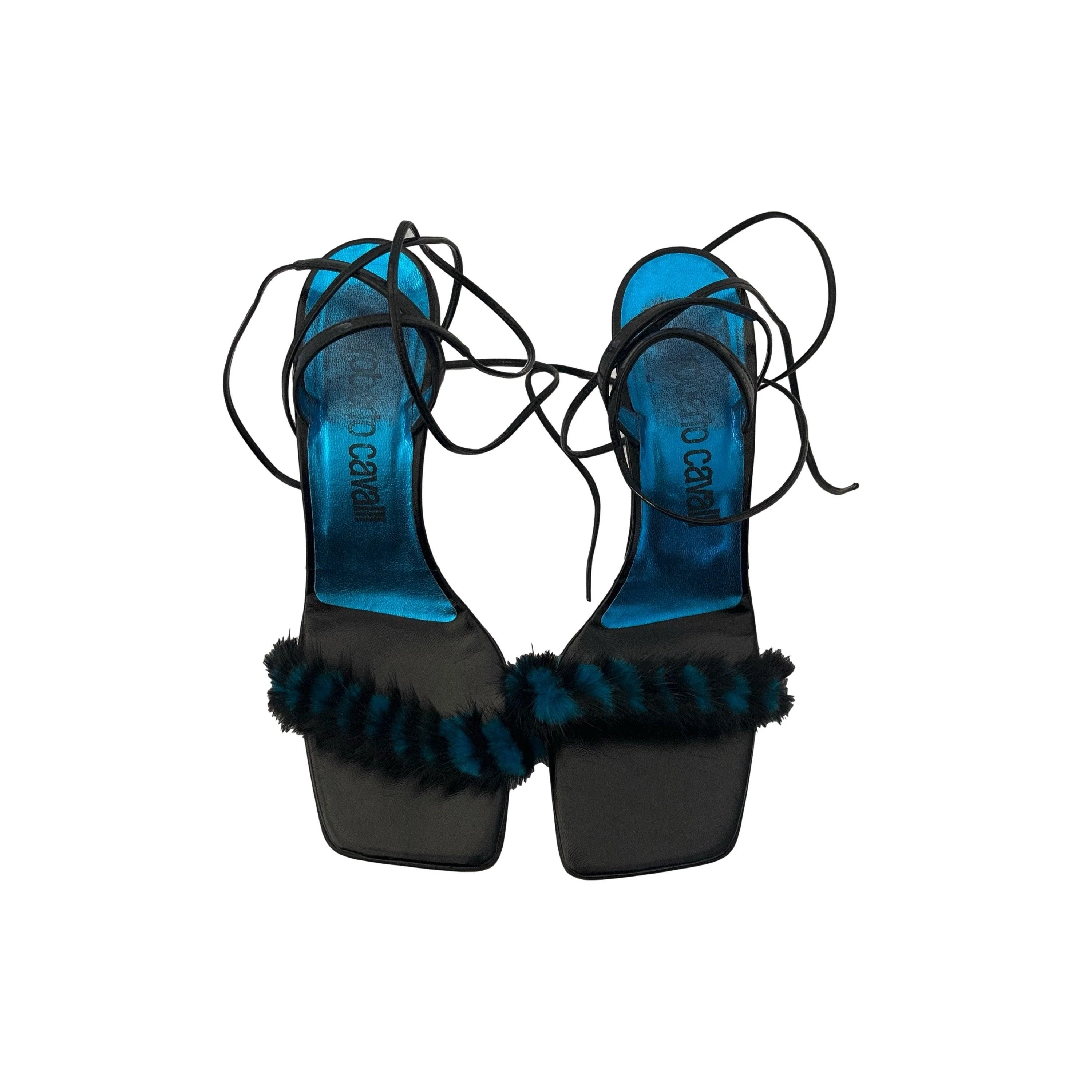 Roberto Cavalli Black Fur Strappy Heels