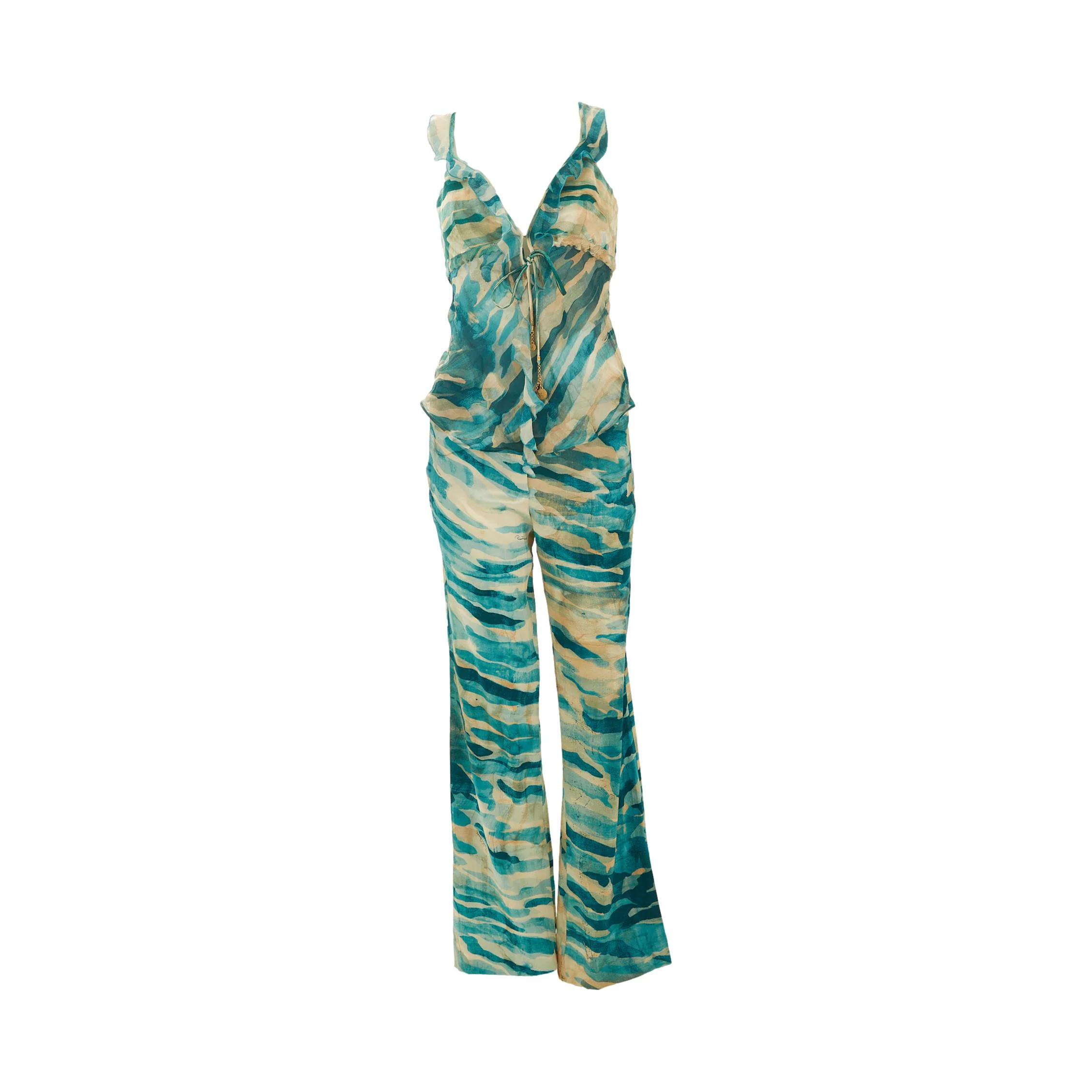 Roberto Cavalli Blue Silk Pant Set
