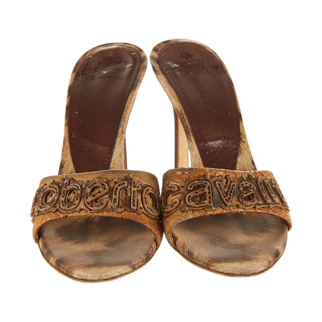 Roberto Cavalli Brown Cheetah Print Logo Heels