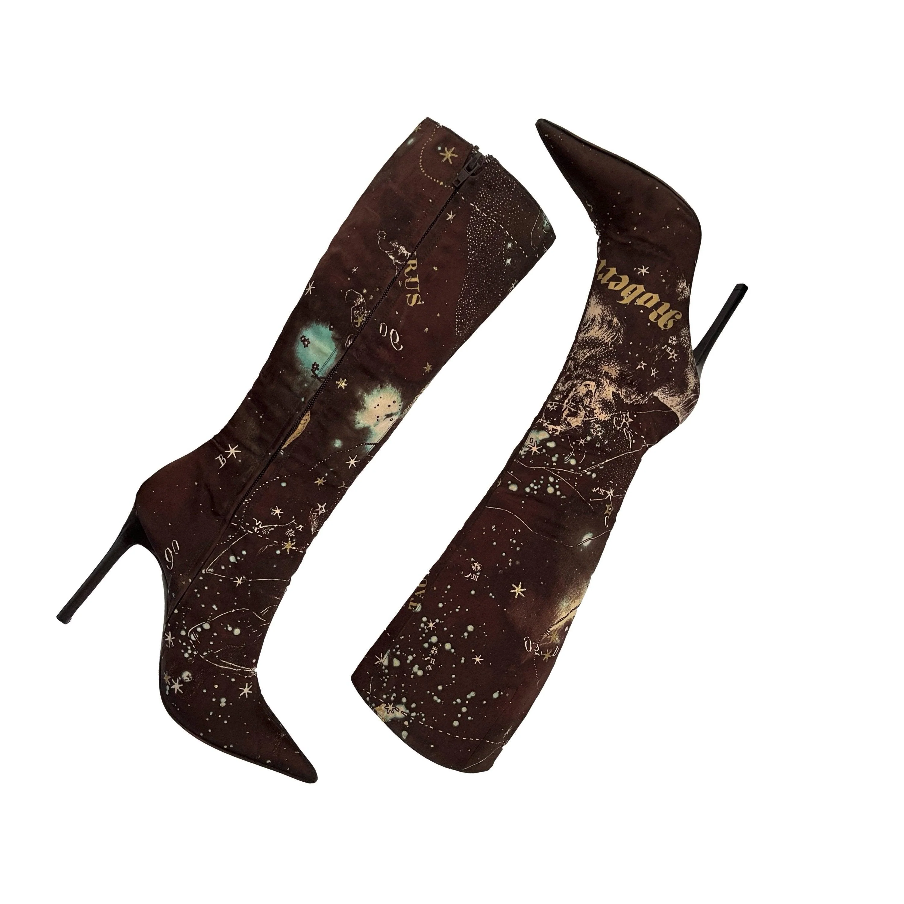 Roberto Cavalli Brown Constellation Print Silk Knee Length Boot - Image 2
