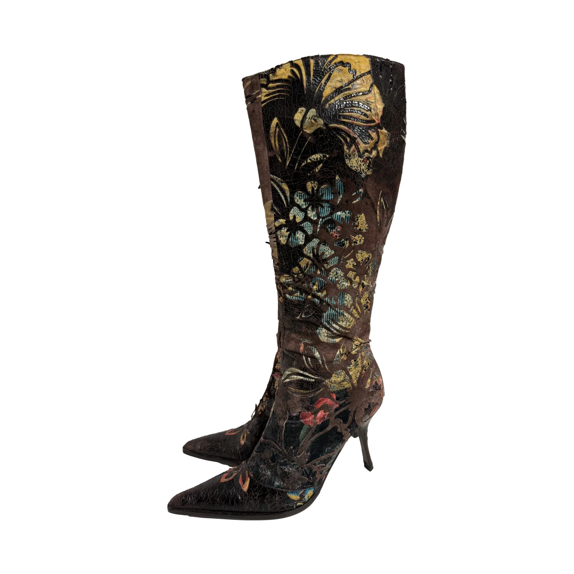 Roberto Cavalli Brown Distressed Floral Boots - Image 2
