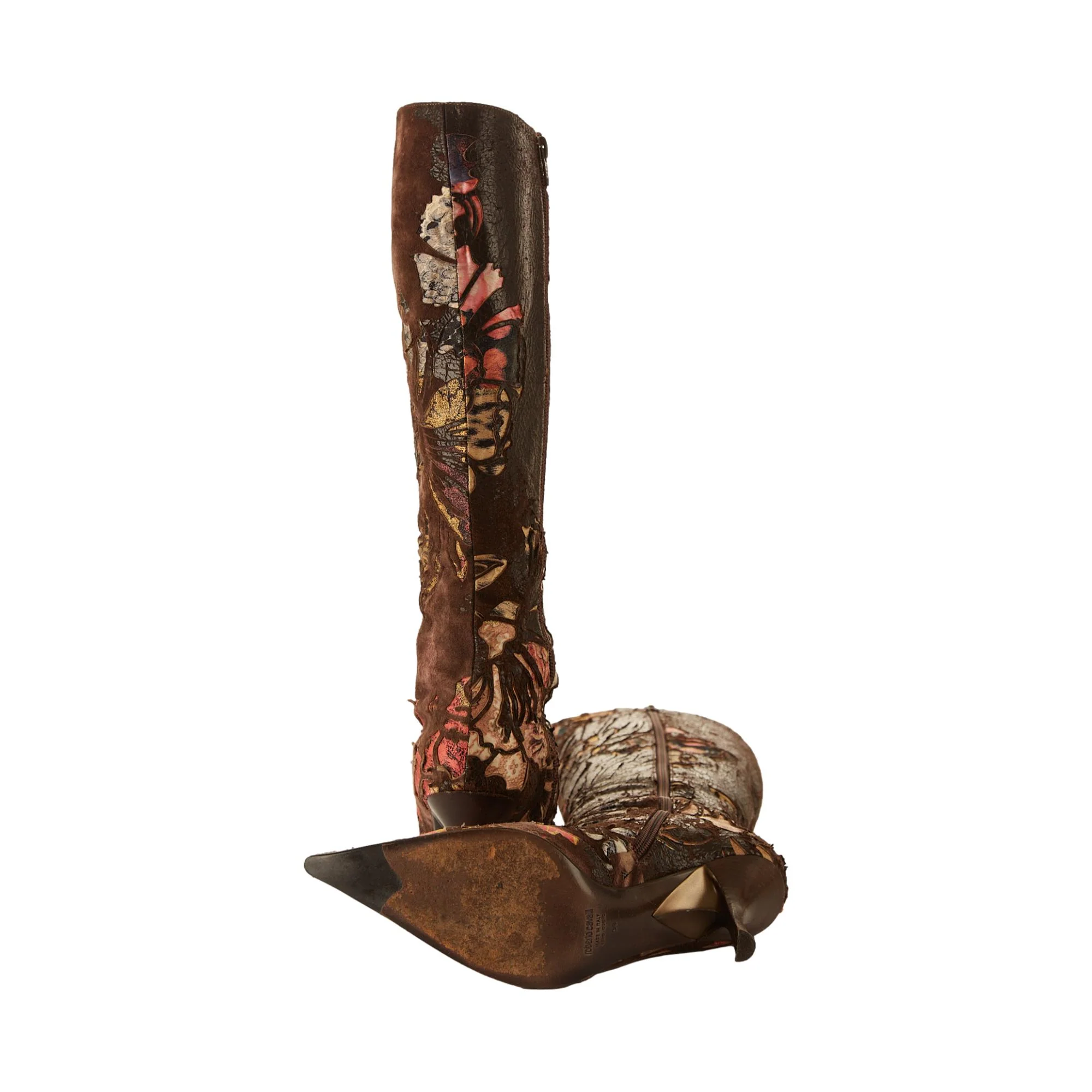 Roberto Cavalli Brown Distressed Floral Boots - Image 4