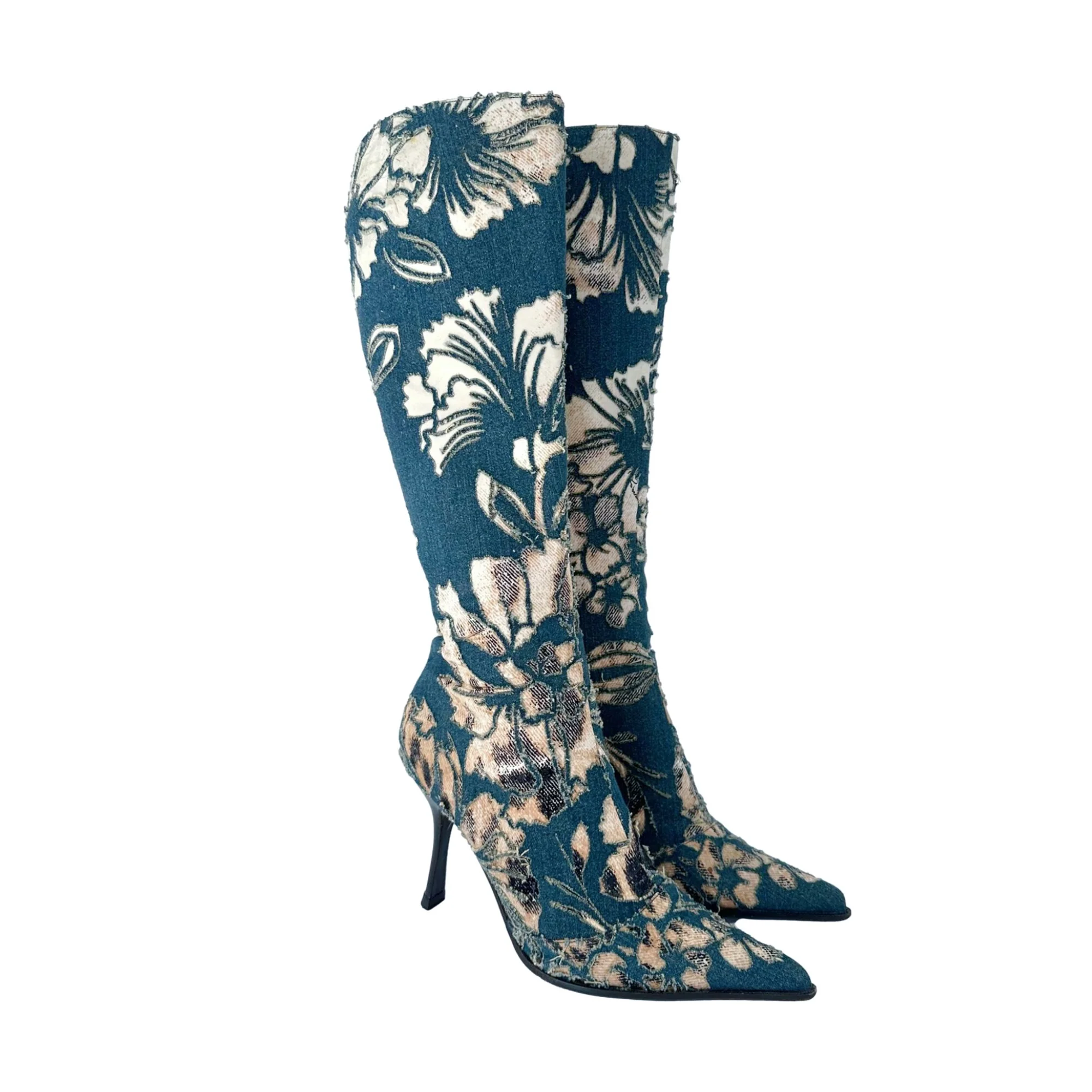 Roberto Cavalli Denim + Cheetah Knee High Boots