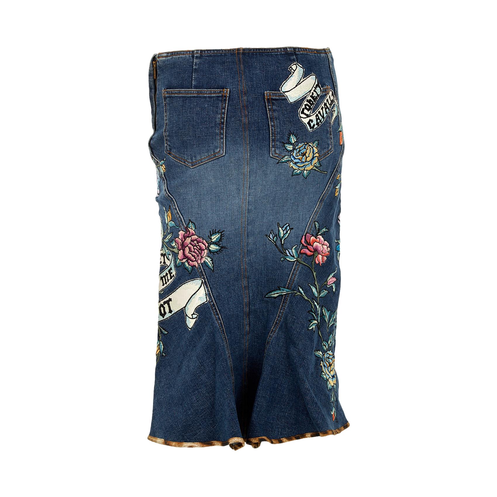 Roberto Cavalli Denim Floral Embroidered Skirt - Image 2