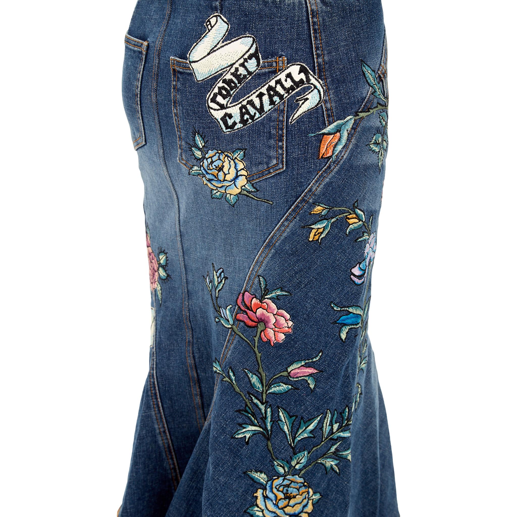 Roberto Cavalli Denim Floral Embroidered Skirt - Image 3