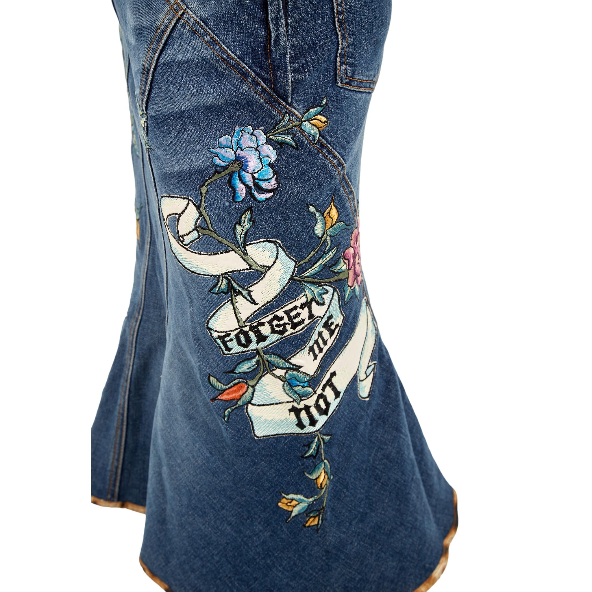 Roberto Cavalli Denim Floral Embroidered Skirt - Image 4