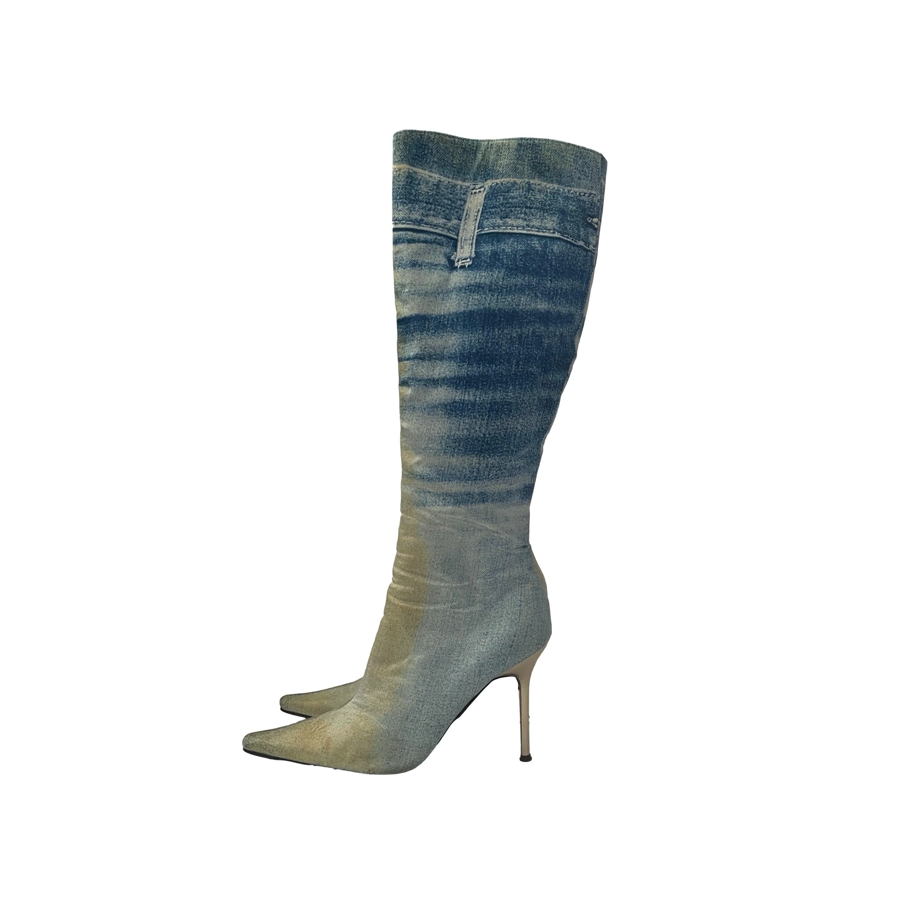 Roberto Cavalli Denim Print Silk Knee Length Boot