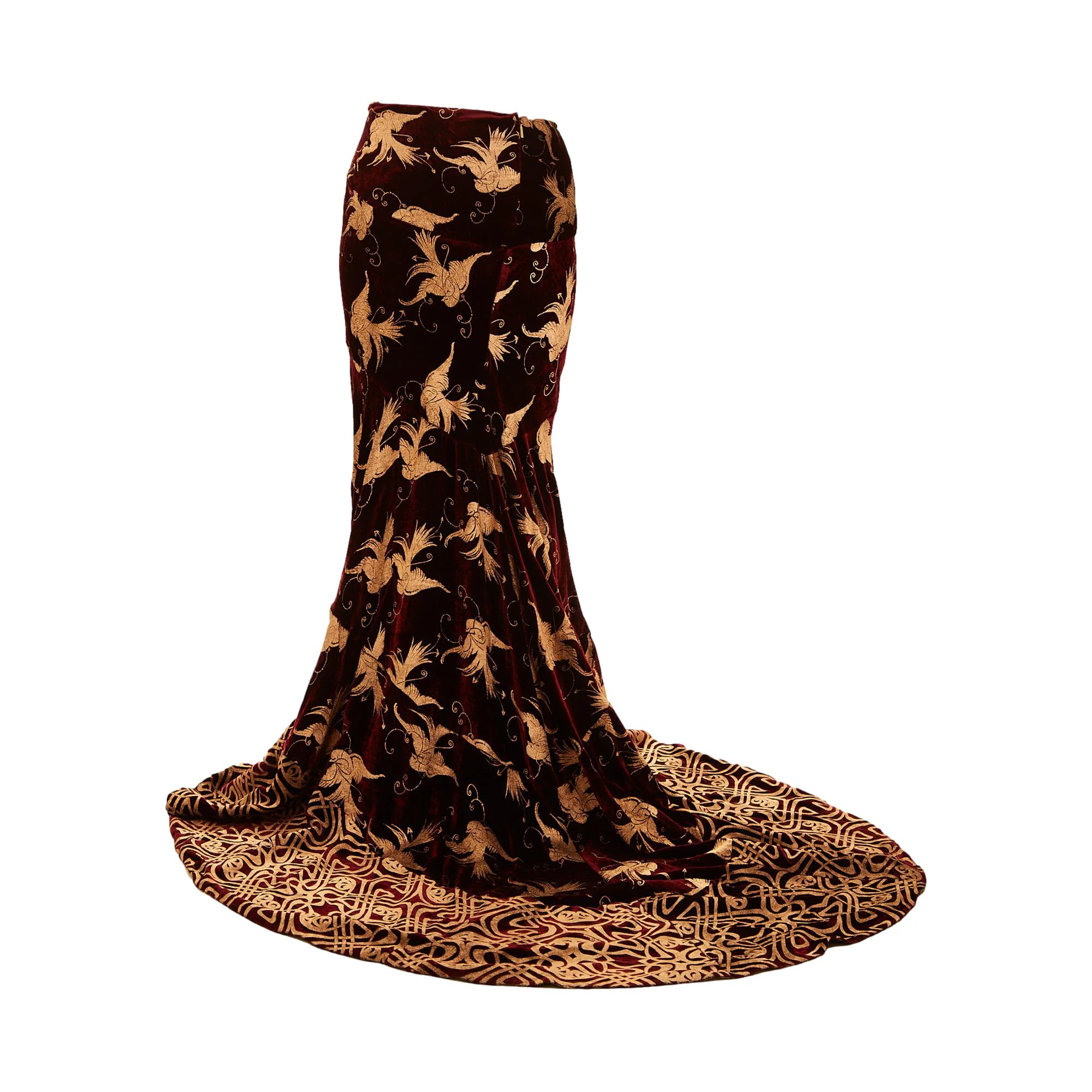Roberto Cavalli Maroon + Gold Crushed Velvet Skirt