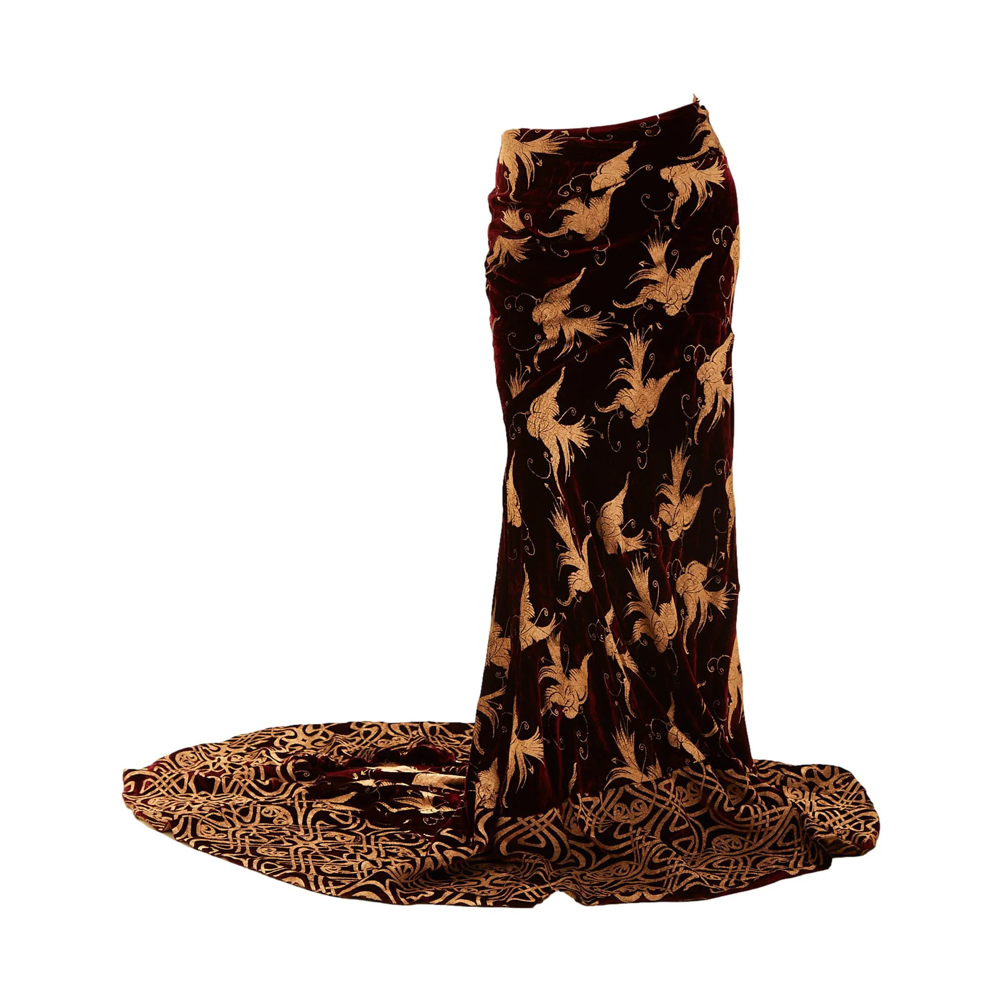 Roberto Cavalli Maroon + Gold Crushed Velvet Skirt - Image 2