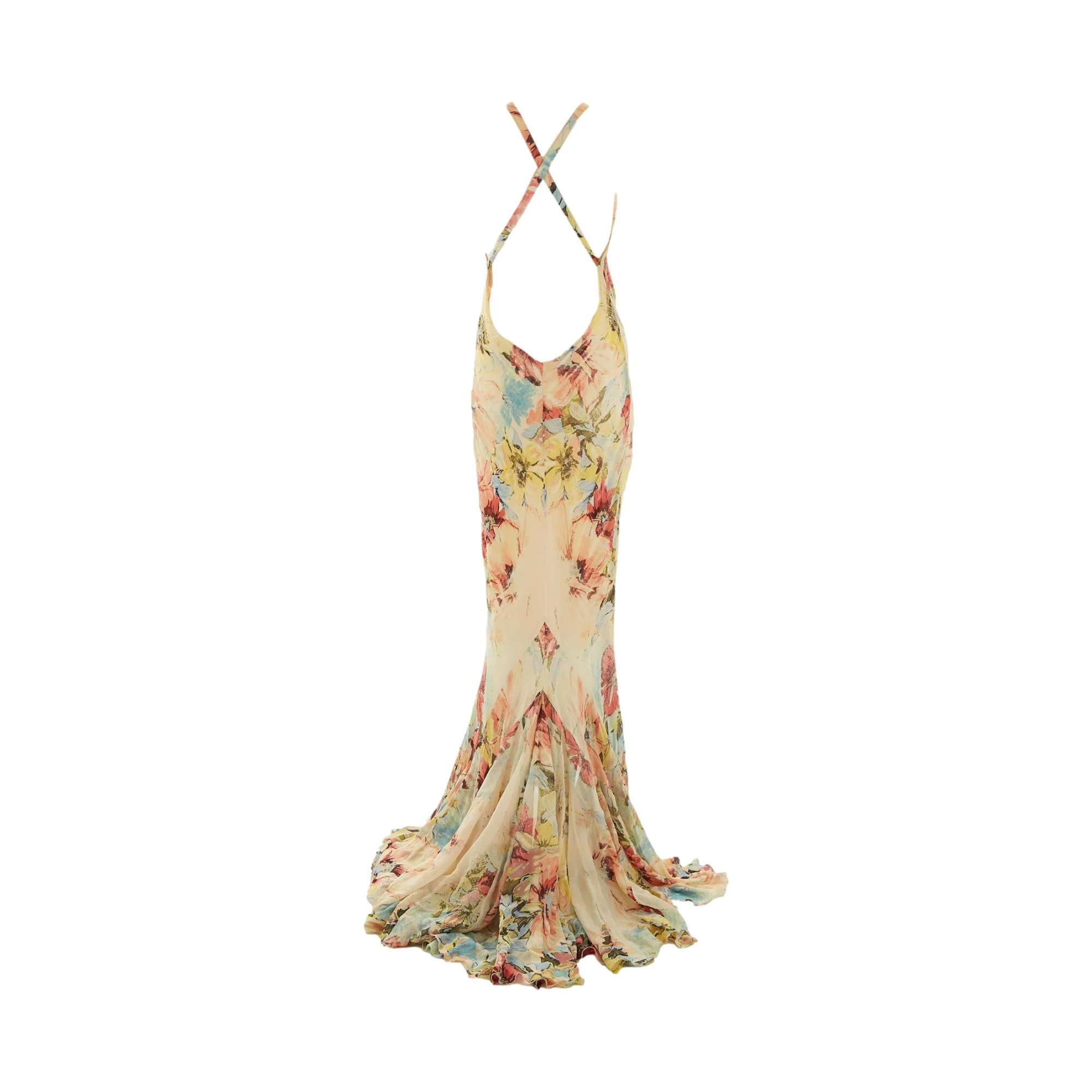 Roberto Cavalli Nude Floral Print Ruffle Gown - Image 2