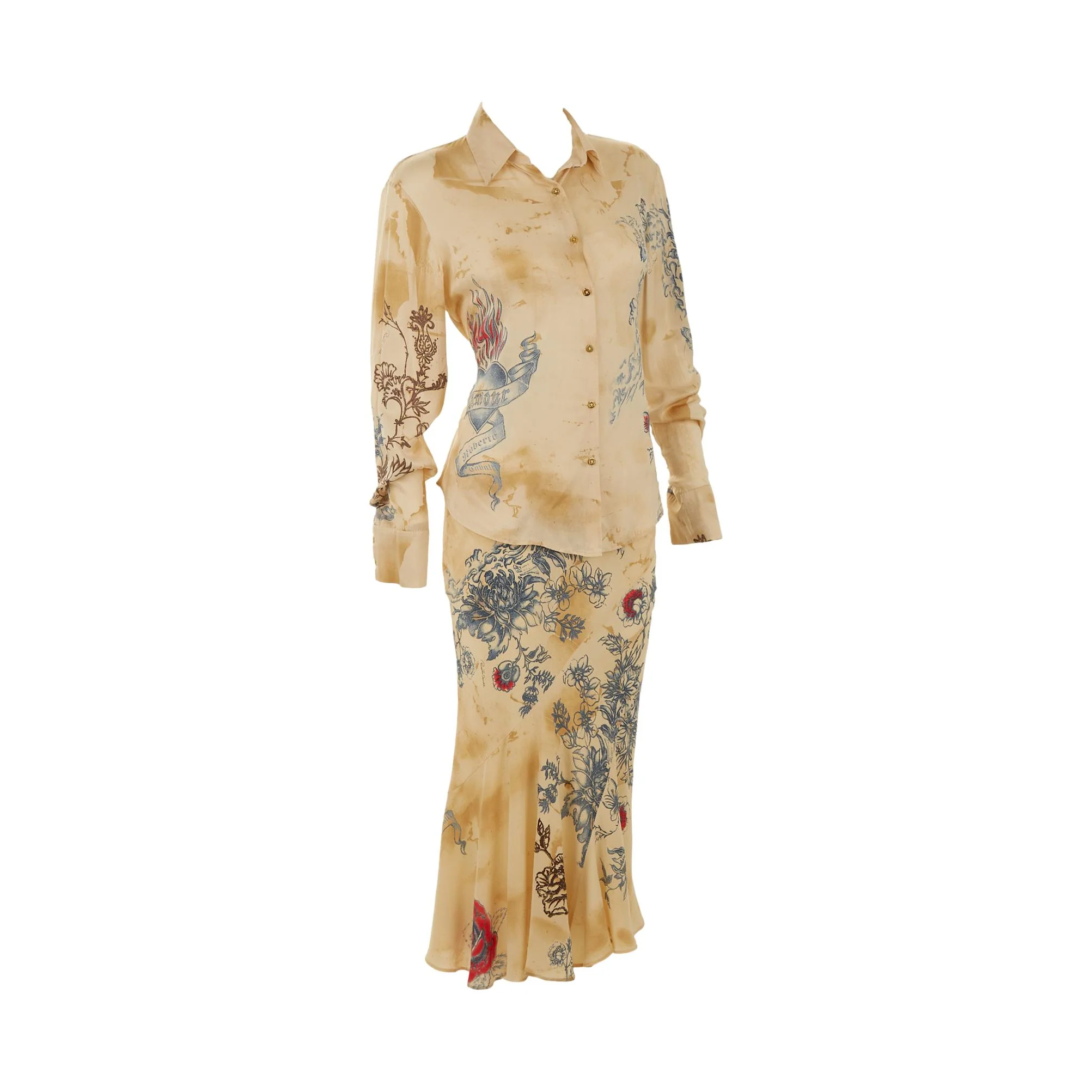 Roberto Cavalli Tattoo Print Skirt Set