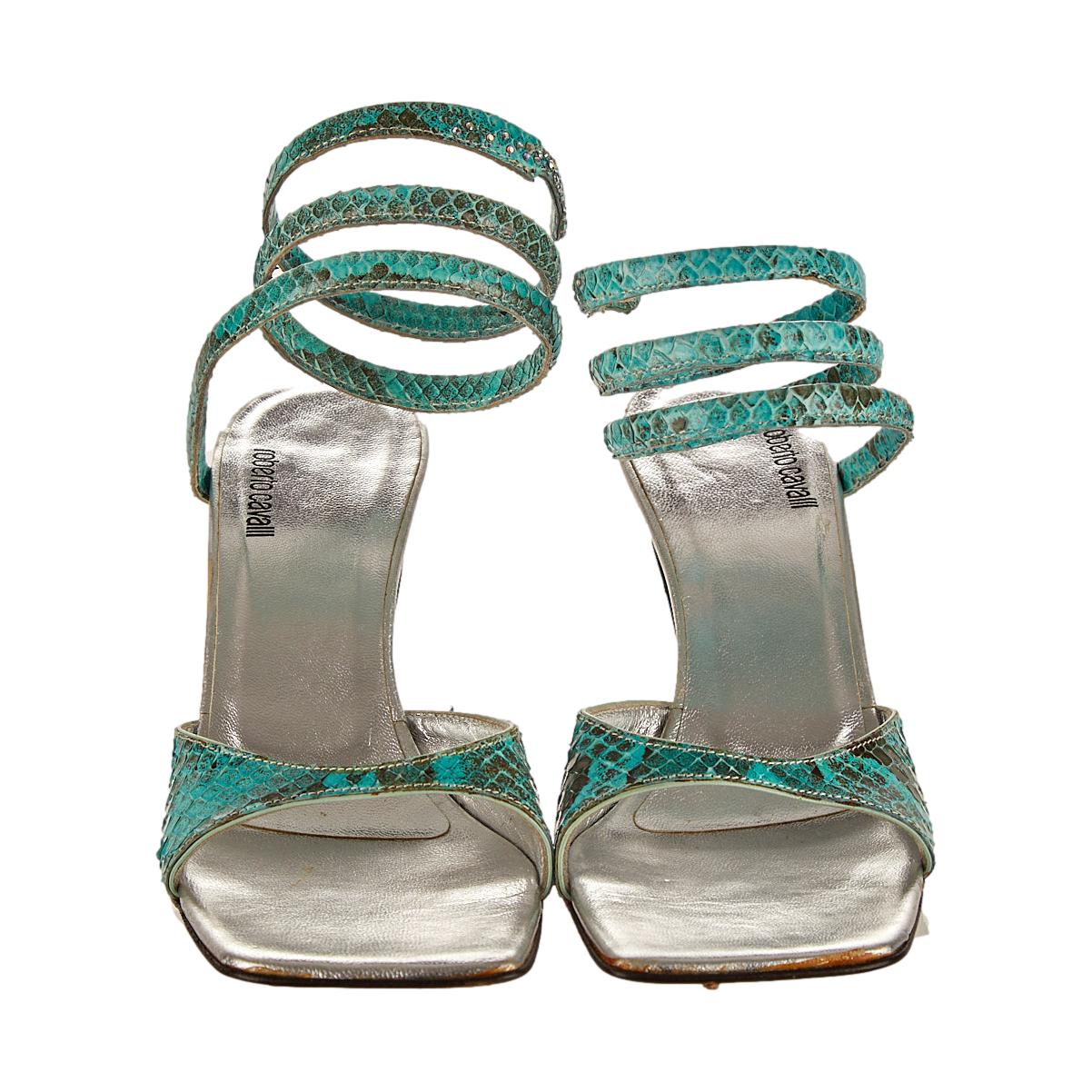 Roberto Cavalli Teal Snake Skin Wrap Heels