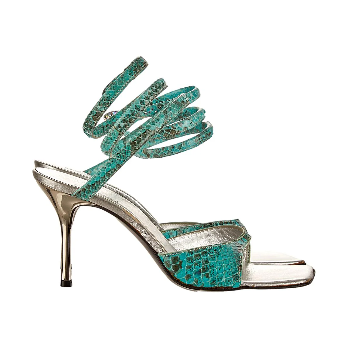 Roberto Cavalli Teal Snake Skin Wrap Heels - Image 2