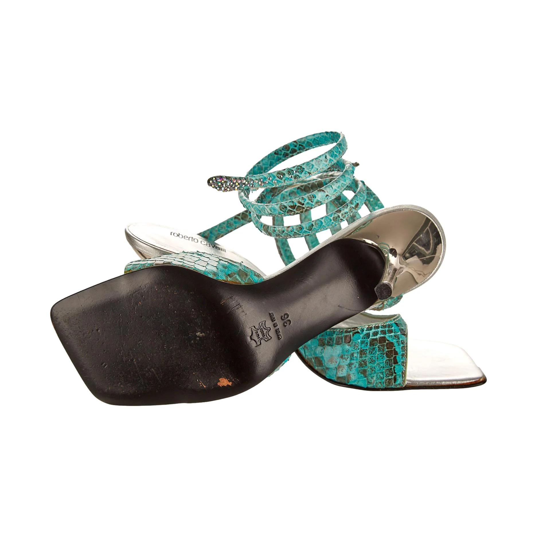 Roberto Cavalli Teal Snake Skin Wrap Heels - Image 3