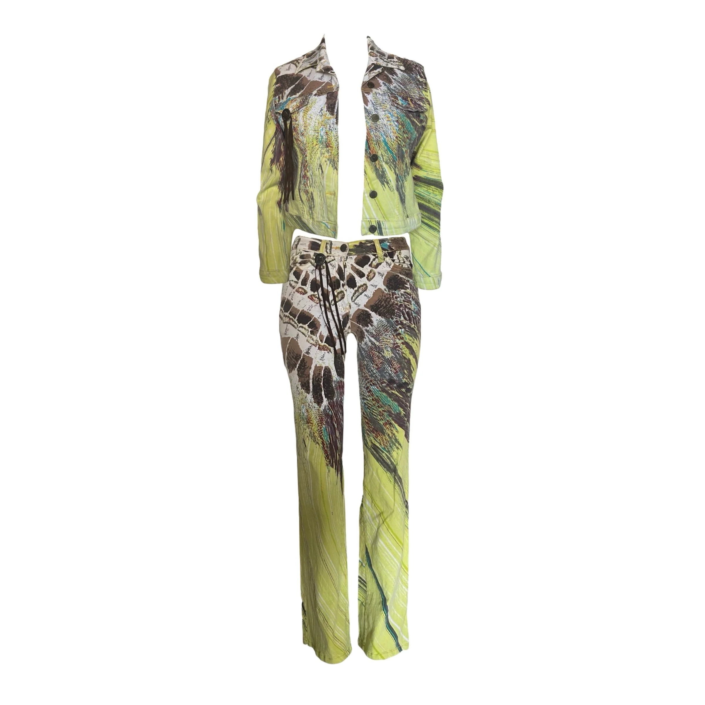 Roberto Cavalli Yellow Feather Denim Set