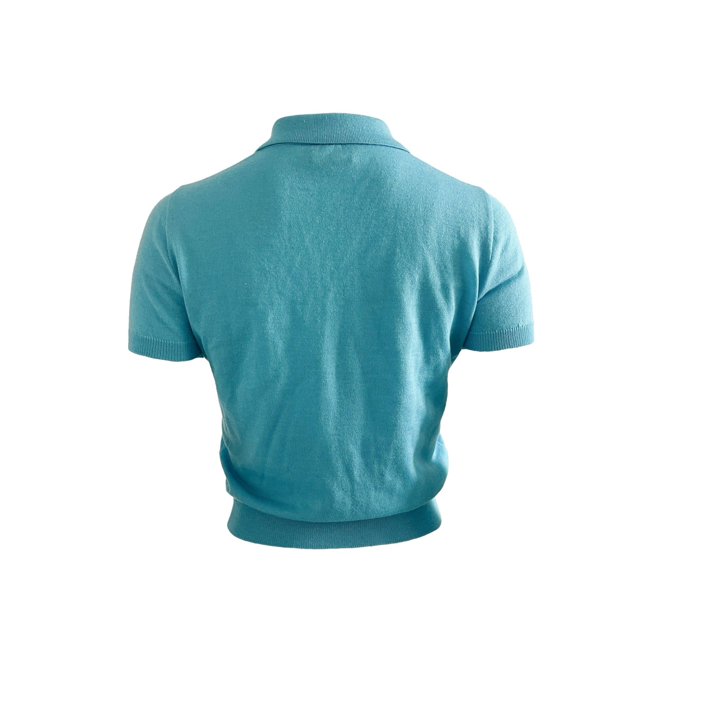 Versace Blue Cropped Knit Logo Polo - Image 2