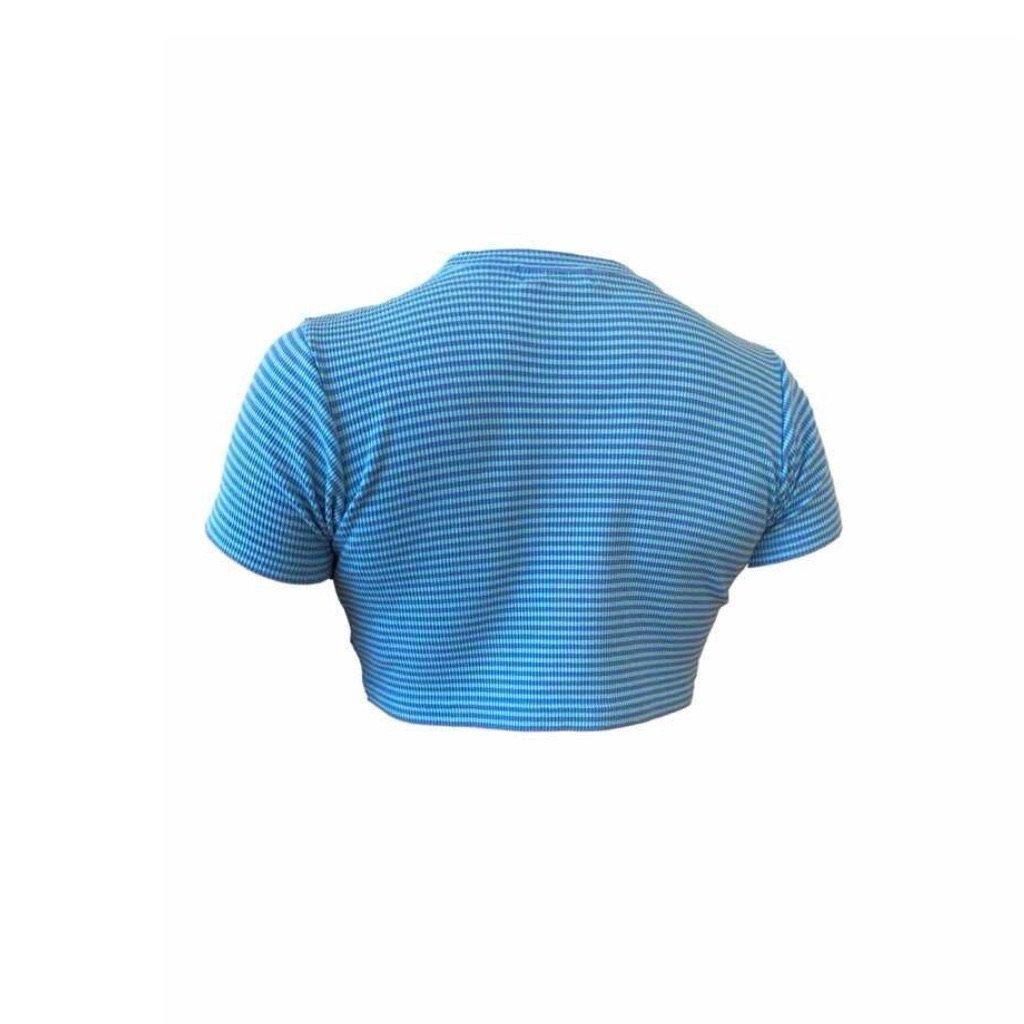 YSL Baby Blue Stripe Logo Crop Top - Image 2