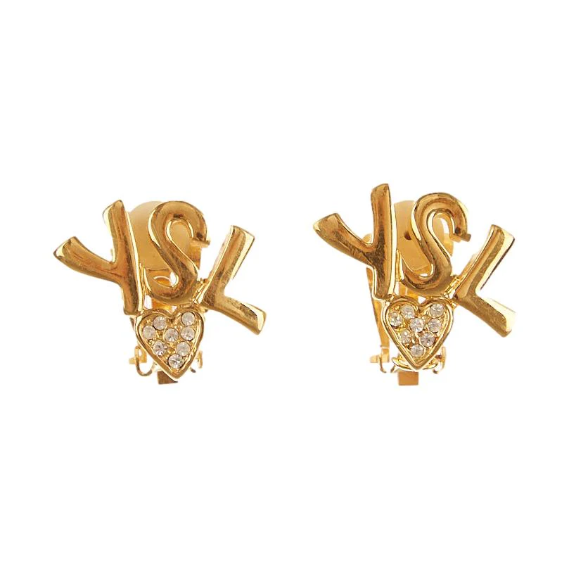 YSL Gold Rhinestone Heart Logo Earrings