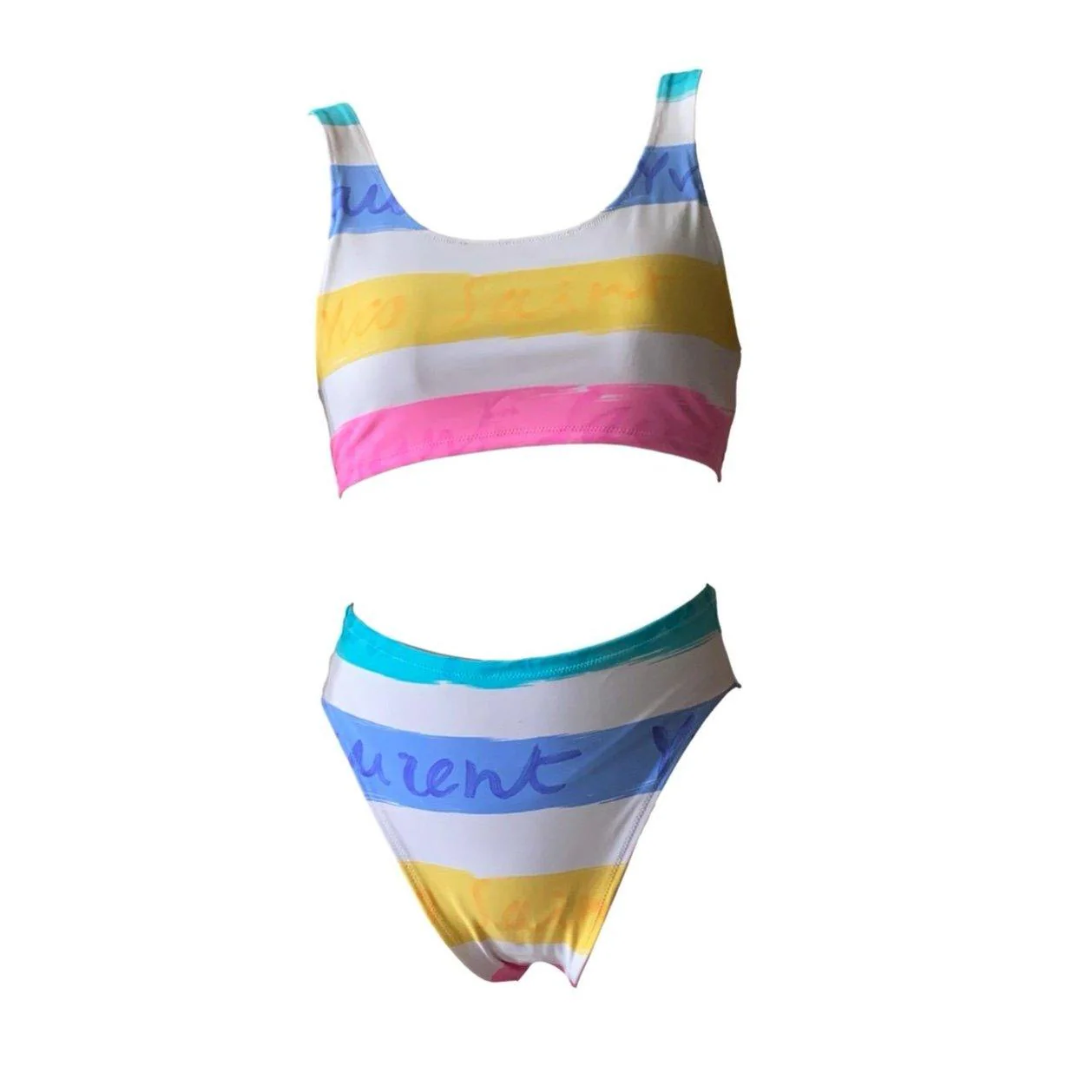 YSL Pastel Stripe Logo High Waisted Bikini