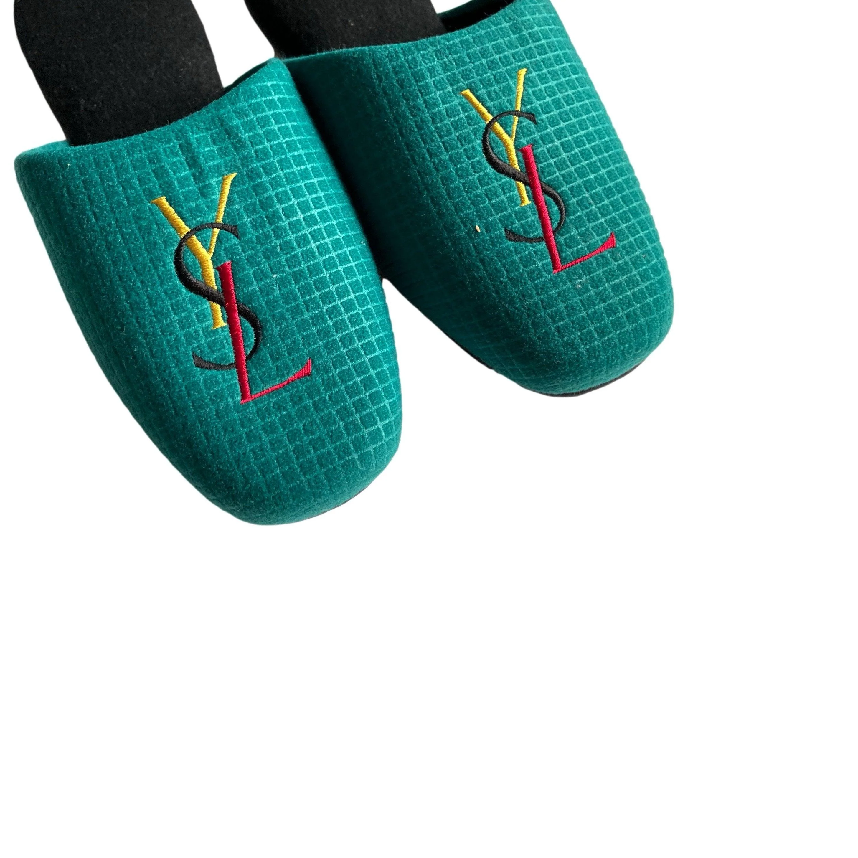 YSL Teal Grid Logo Slippers - Image 2